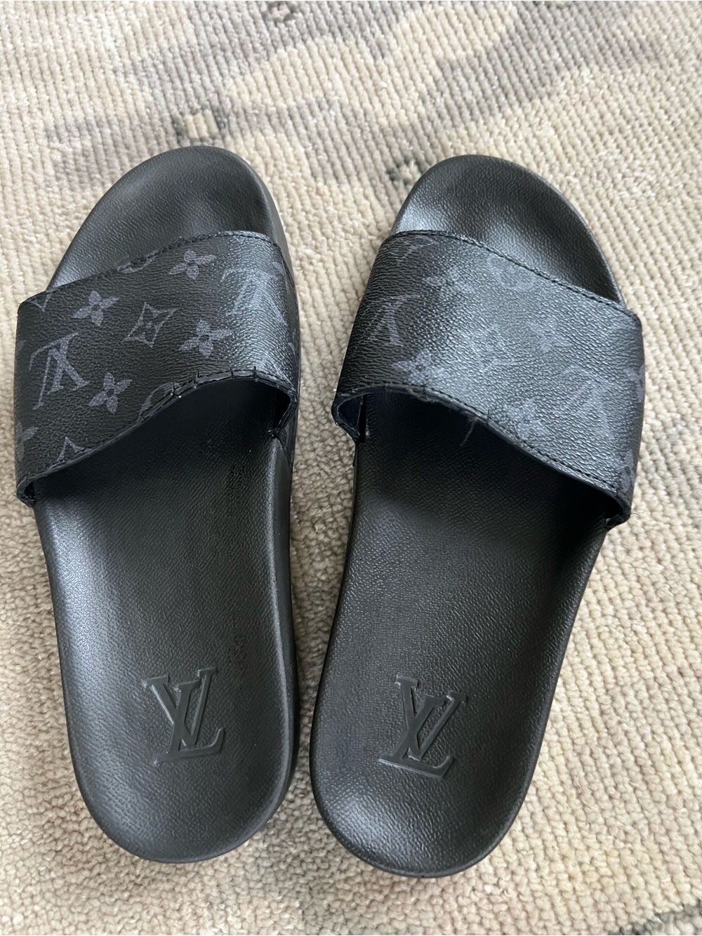 Louis Vuitton Black Monogram Slide Sandals with Embossed LV Footbed